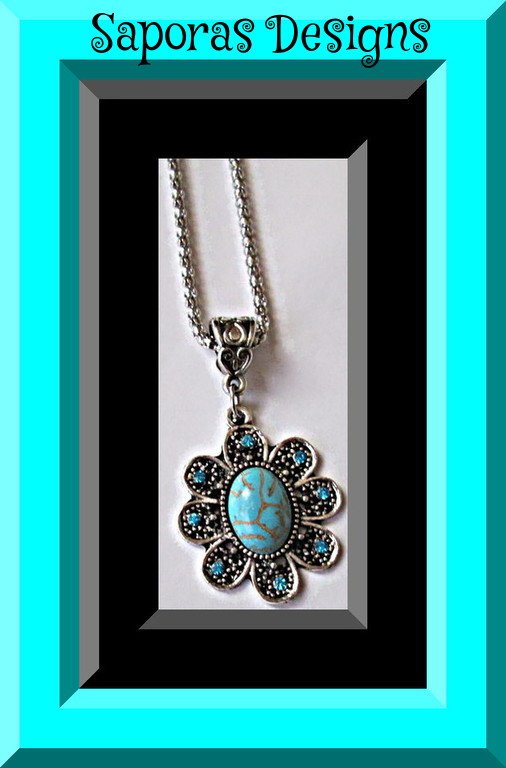 Image 0 of Tibetan Silver & Turquoise Flower Design Necklace Native Ethnic Tribal Bohemian 