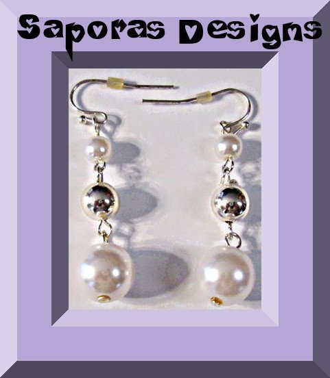 Image 0 of Silver Tone Dangle Earrings With Silver Tone Beads & White Beads