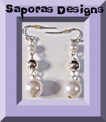 Silver Tone Dangle Earrings With Silver Tone Beads & White Beads