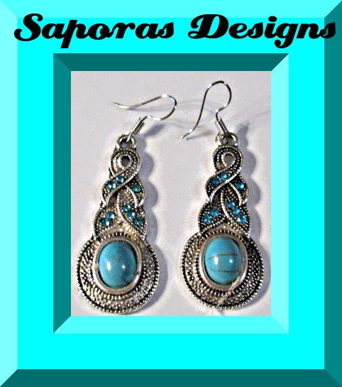 Image 0 of Tibetan Silver & Turquoise Dangle Earrings With Blue Crystals Native Ethnic 