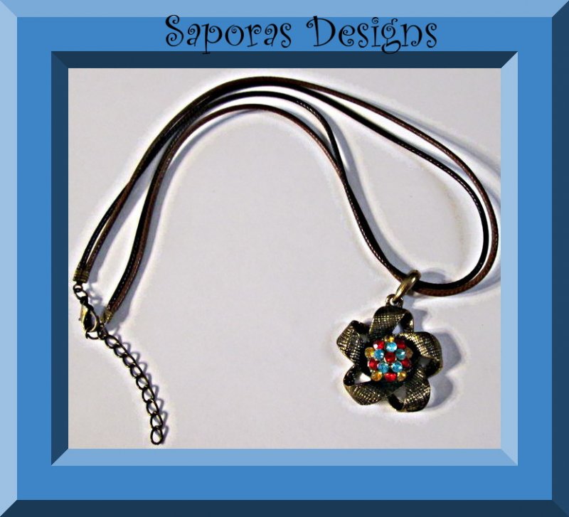 Image 0 of Antique Flower Design Necklace With Colorful Rhinestones & Brown Leather Chain