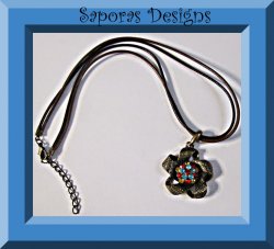 Antique Flower Design Necklace With Colorful Rhinestones & Brown Leather Chain