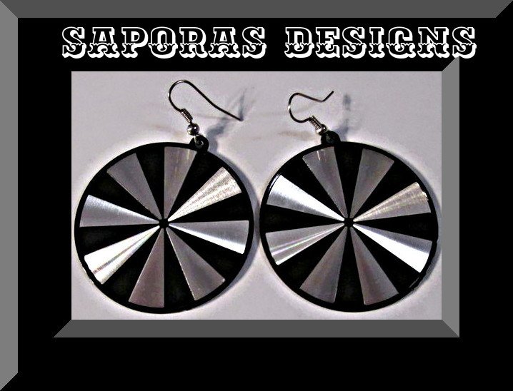 Image 0 of Round Circle Silver Tone & Black Earrings Dangle Pin Wheel Design