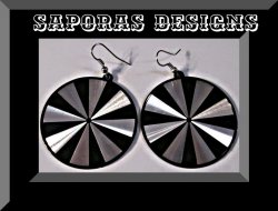 Round Circle Silver Tone & Black Earrings Dangle Pin Wheel Design