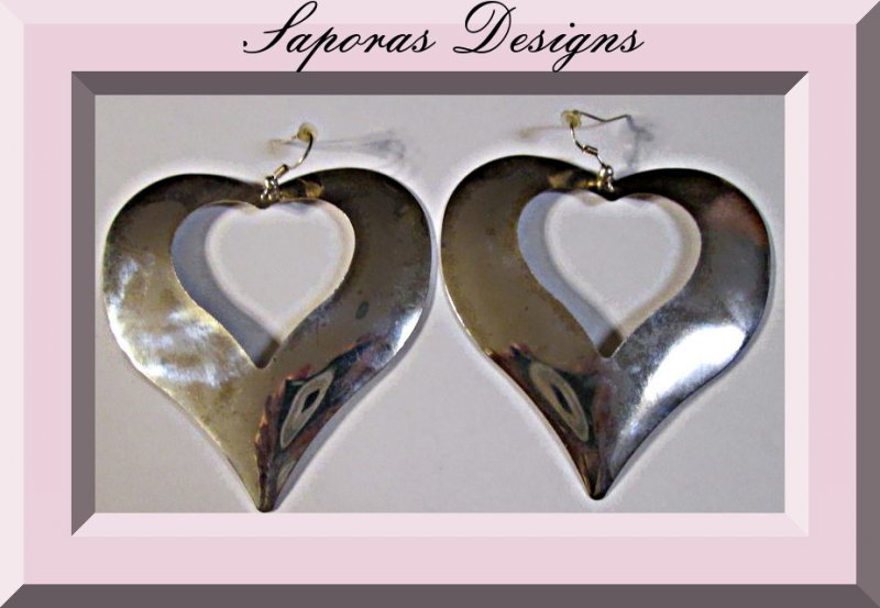Image 0 of Large Silver Tone Heart Design Dangle Earrings 
