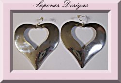 Large Silver Tone Heart Design Dangle Earrings 