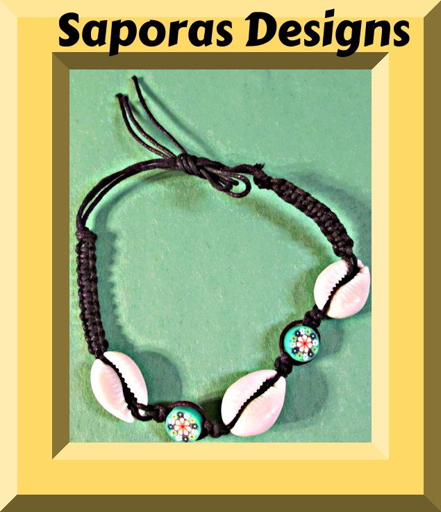 Image 0 of Handmade Black Braided Anklet With Real Sea Shells & Flower Beads Hawaii Style