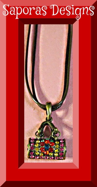 Image 0 of Antique Handbag Pocket Book Design Necklace With Colorful Rhinestones 