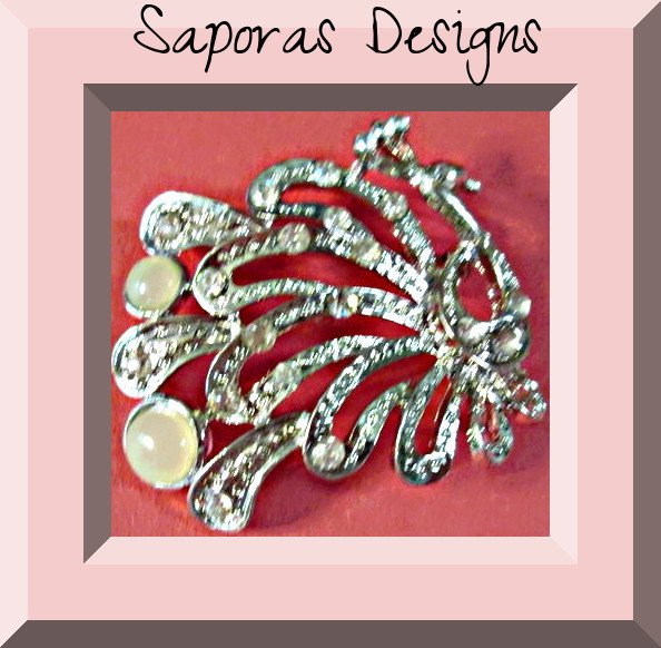 Image 0 of Silver Tone Peacock Design Brooch With Clear Crystals & White Beads