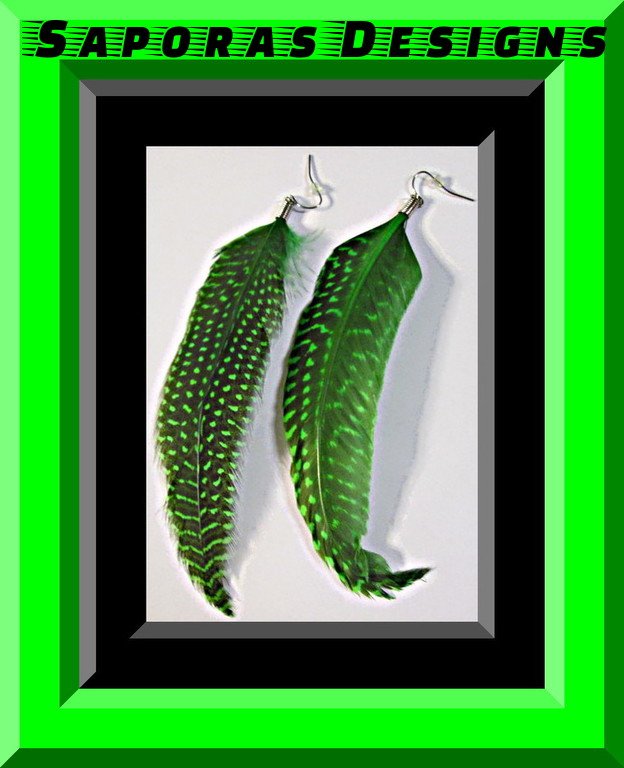 Image 0 of Black & Green Dangle Feather Earrings Native Ethnic Tribal Bohemian Design