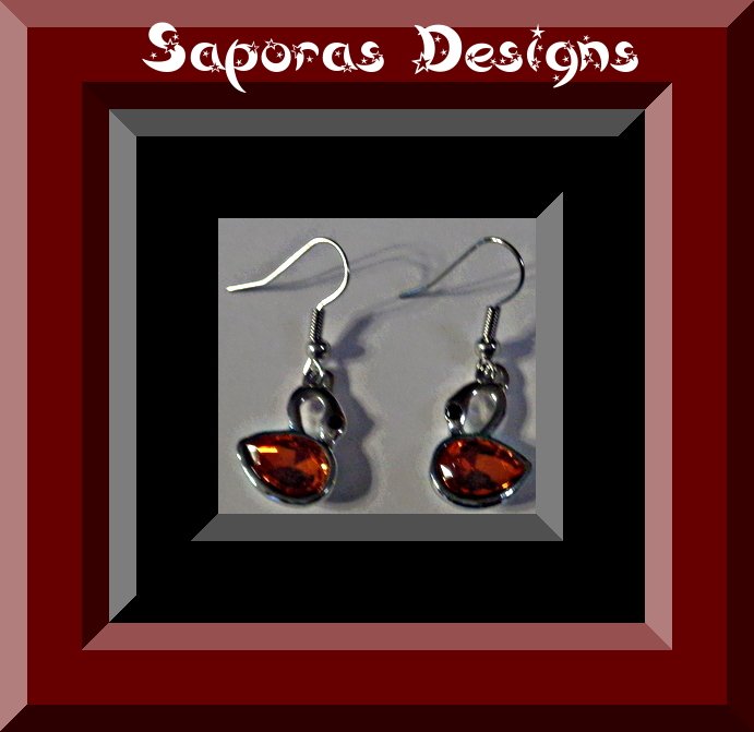 Image 0 of Silver Tone Dangle Swan Design Earrings With Red & Black Crystals