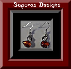 Silver Tone Dangle Swan Design Earrings With Red & Black Crystals