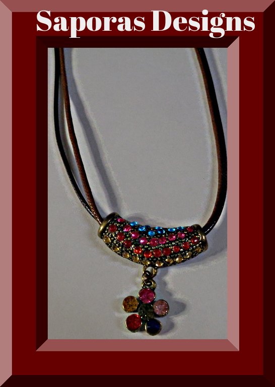 Image 0 of Antique Flower Design Necklace With Colorful Rhinestones & Brown Leather Chain