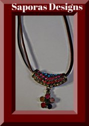 Antique Flower Design Necklace With Colorful Rhinestones & Brown Leather Chain