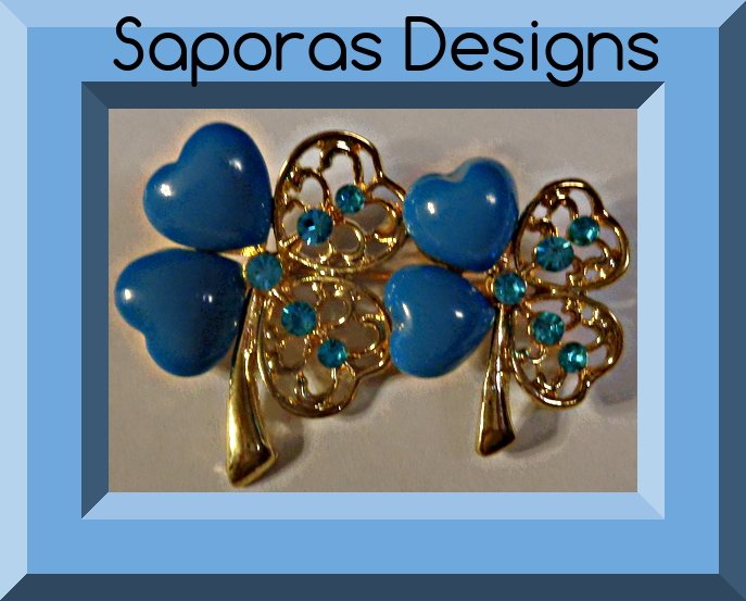 Image 0 of Gold Tone Four Leaf Clover Design Brooch With Blue Beads & Blue Crystals