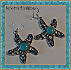 Tibetan Silver & Turquoise Dangle Starfish Design Earrings With Blue Crystals