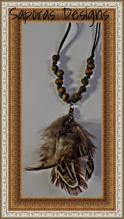Image 0 of Handmade Feather Necklace With Wood Beads & Green Rope Chain Native Ethnic 