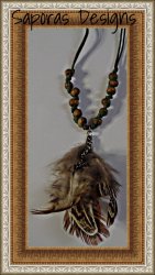 Handmade Feather Necklace With Wood Beads & Green Rope Chain Native Ethnic 