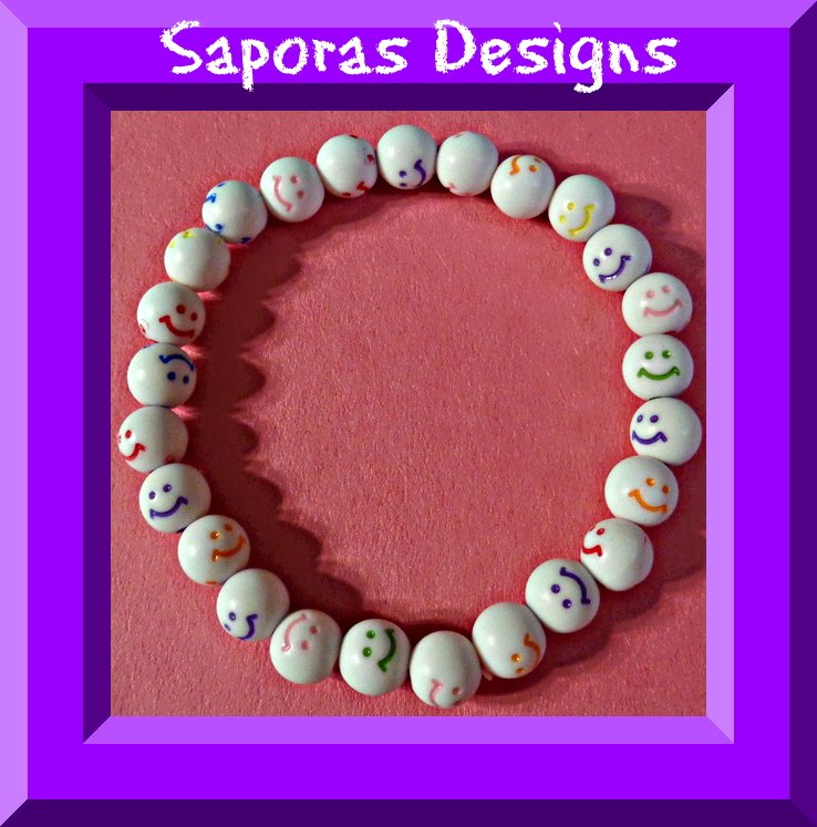 Image 0 of White Beaded Colorful Smiley Face Bracelet Stretchable Elastic Fits Most Wrist