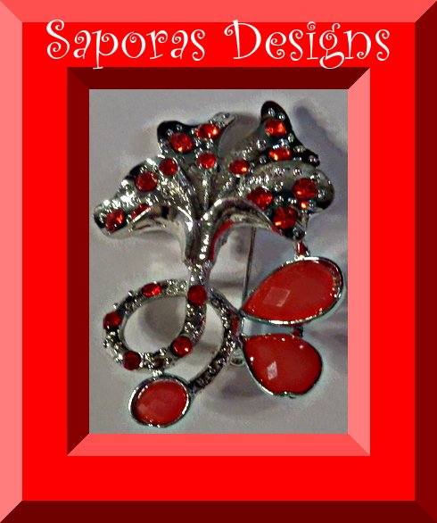 Image 0 of Silver Tone Flower Design Brooch With Red Crystals & Red Beads