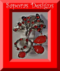 Silver Tone Flower Design Brooch With Red Crystals & Red Beads