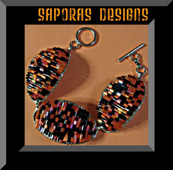 Image 0 of Handmade Black & Orange Beaded Bracelet With Silver Tone Finish Native Ethnic 