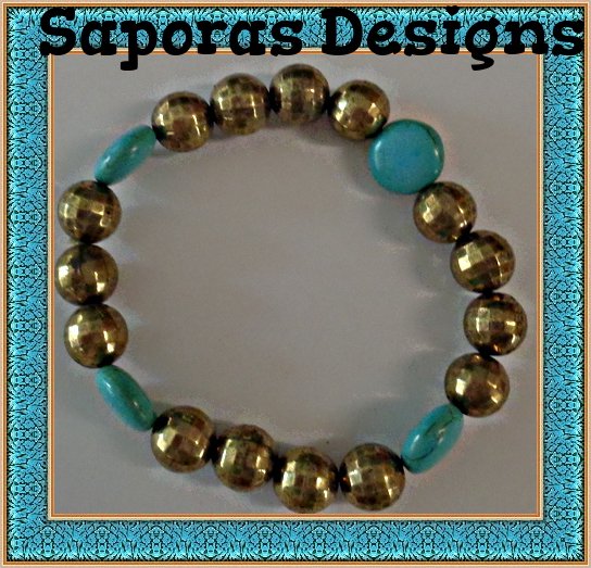 Image 0 of Turquoise & Gold Tone Beaded Bracelet Elastic Stretchable Fits Most Wrist