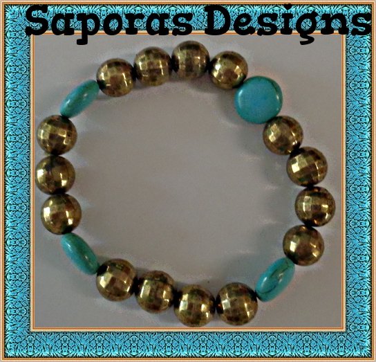 Image 0 of Turquoise & Gold Tone Beaded Bracelet Elastic Stretchable Fits Most Wrist