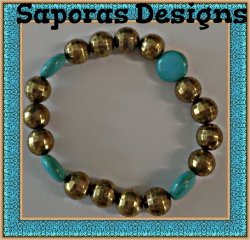 Turquoise & Gold Tone Beaded Bracelet Elastic Stretchable Fits Most Wrist