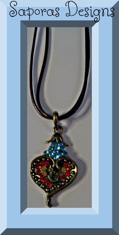 Image 0 of Antique Heart Design Necklace With Colorful Rhinestones & Brown Leather Chain
