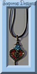Antique Heart Design Necklace With Colorful Rhinestones & Brown Leather Chain