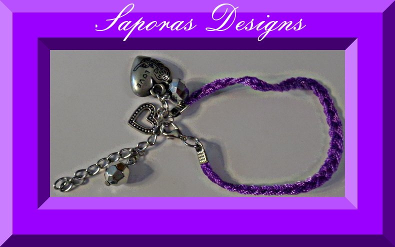 Image 0 of Handmade Purple Braided Rope Bracelet With Silver Tone Heart & Beads