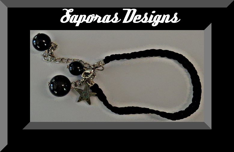 Image 0 of Handmade Black Braided Rope Bracelet With Black Beads & Vintage Silver Tone Star