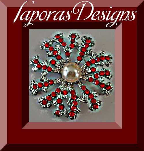 Image 0 of Silver Tone Snowflake Design Brooch With Red Crystals With White Faux Pearl