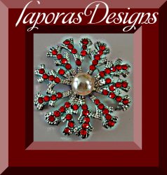 Silver Tone Snowflake Design Brooch With Red Crystals With White Faux Pearl