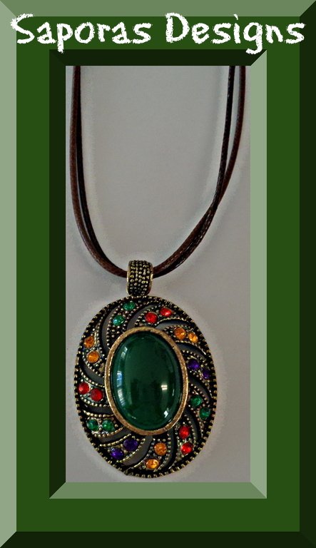 Image 0 of Antique Necklace With Colorful Rhinestones Green Bead & Brown Leather Chain