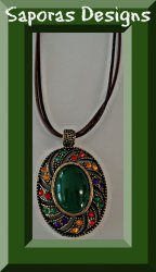 Antique Necklace With Colorful Rhinestones Green Bead & Brown Leather Chain