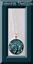 Black & Green Tree Of Life Design Necklace With Silver Tone Finish