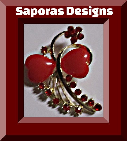Image 0 of Gold Tone Flower / Heart Design Brooch With Red Crystals & Red Beads