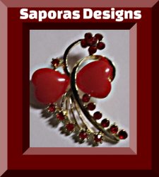 Gold Tone Flower / Heart Design Brooch With Red Crystals & Red Beads