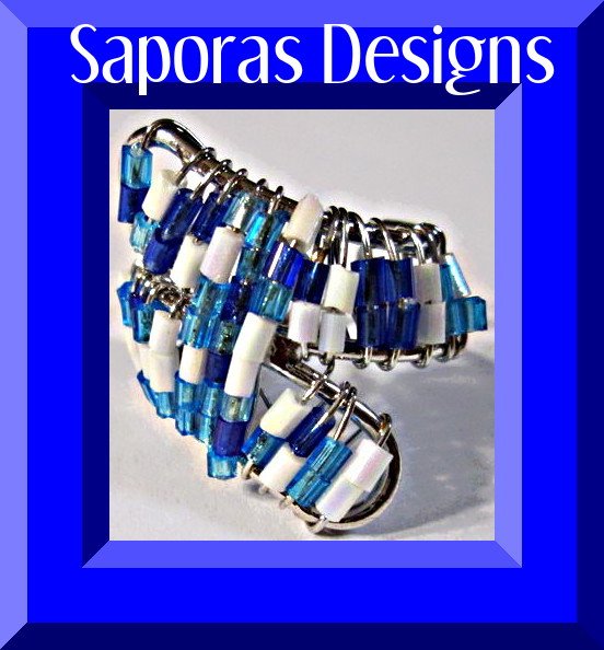 Image 0 of Handmade Size 7 Ring With Blue & White Beads Silver Tone Finish Native Tribal 