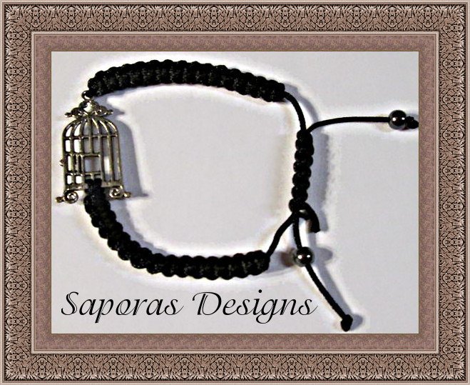 Image 0 of Handmade Black Braided Rope Bracelet With Birdcage Charm