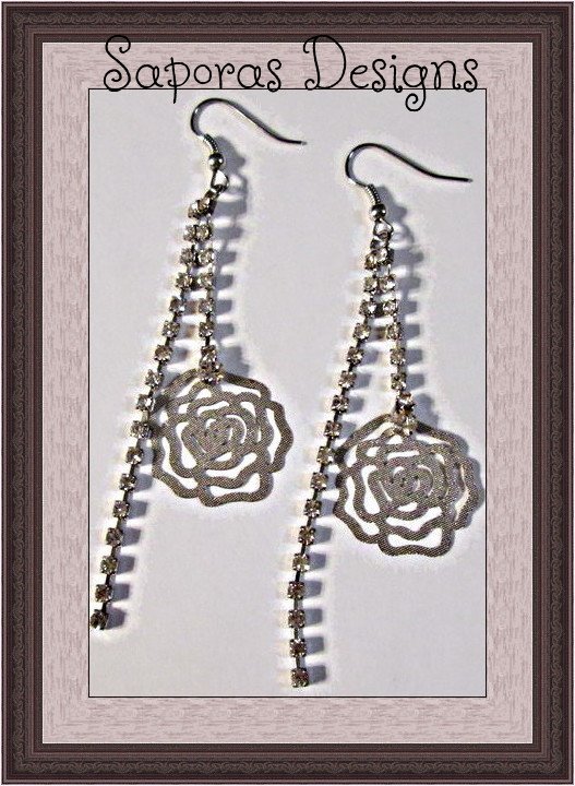 Image 0 of Silver Tone Dangle Earrings With Flower Designs & Clear Crystals