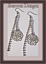 Silver Tone Dangle Earrings With Flower Designs & Clear Crystals