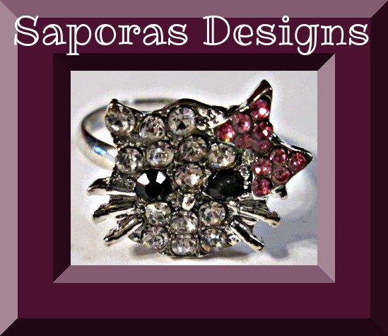 Image 0 of Hello Kitty Design Ring Size 4.5 With Pink Black & Clear Crystals 