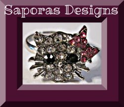 Hello Kitty Design Ring Size 4.5 With Pink Black & Clear Crystals 