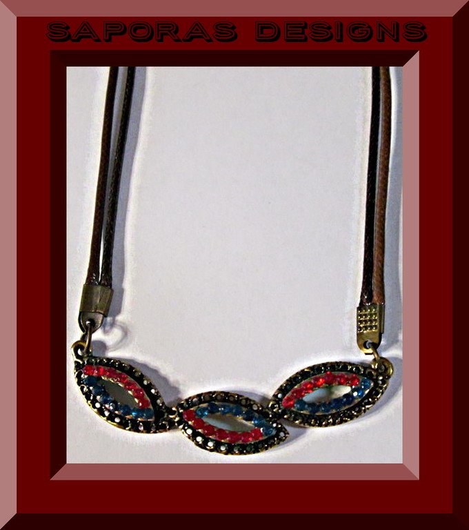 Image 0 of Antique Design Necklace With Red & Blue Rhinestones & Brown Leather Chain