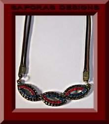 Antique Design Necklace With Red & Blue Rhinestones & Brown Leather Chain