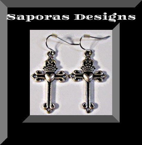 Image 0 of Tibetan Silver Dangle Vintage Cross Earrings With Crown & Heart