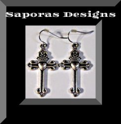 Tibetan Silver Dangle Vintage Cross Earrings With Crown & Heart